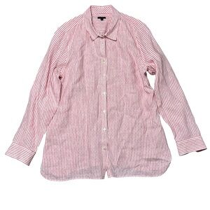NWOT Talbots Women’s Linen Shirt Red Stripes Large Long Sleeves Classic Size L